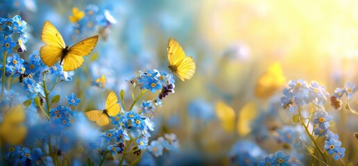 Delicate yellow butterflies flit among a field of forget-me-nots bathed in sunlight