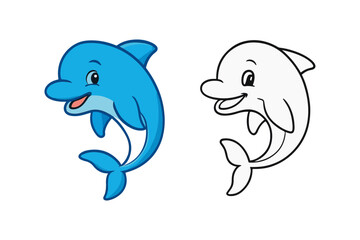 Cartoon dolphin sketch, blue colored and outline version for a children's coloring book.