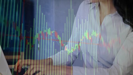 Woman typing data on laptop and phone causing animated chart overlay for reviewing financial trends - Powered by Adobe