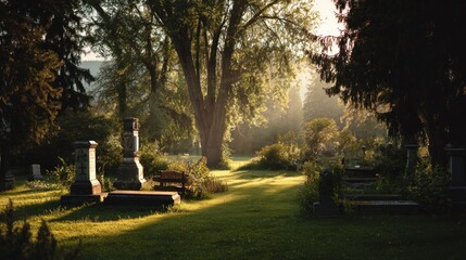 Serene Sunrise at the Cemetery: A Peaceful Morning among the Tombstones