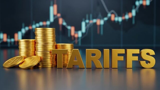 Golden tariffs letters with stacked coins and stock market chart on a dark background display view