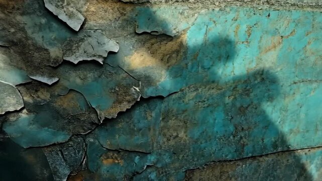 Close-up of weathered, peeling paint on a textured surface showcasing vibrant blue and rust tones