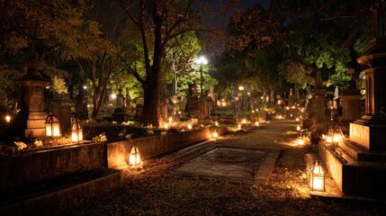 Nighttime Serenity: Illuminated Graves in a Japanese Cemetery