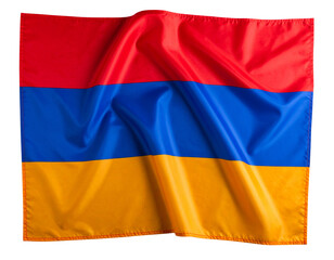 Obraz premium Armenia Flag Draped Over Corner with Soft Wrinkles and Shadows, Top-Down View, Isolated PNG