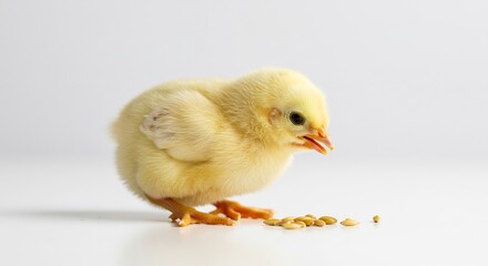 Obraz premium Fluffy yellow chick eats seeds softly lit background. AI Generated