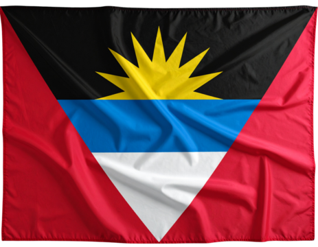  Folded Antigua and Barbuda Flag with Sun Emblem Partially Visible, Angled Top-Down View, Isolated PNG