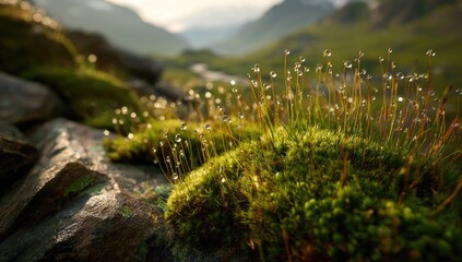 Dew-kissed moss on rocks, mountain sunrise, nature background,  ecology