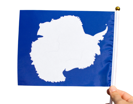 Hand Holding Miniature Antarctica Flag on Stick, Side Angle with Flag Slightly Curved, Isolated on Transparent Background