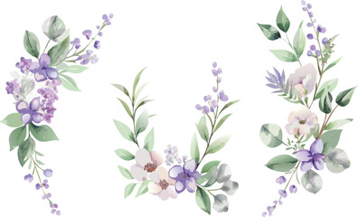 Watercolor floral wreath featuring vibrant purple flowers and lush green leaves arranged in a circular design.
