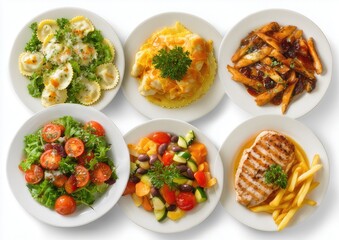 Six plates of assorted food, including pasta, chicken, vegetables, and fries