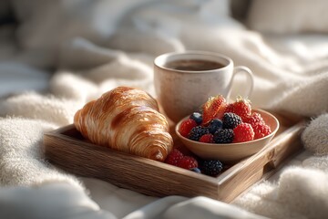 Start your day with a delicious breakfast of fresh berries and a warm croissant, perfectly paired with a comforting cup of coffee, bringing cozy mornings to life.