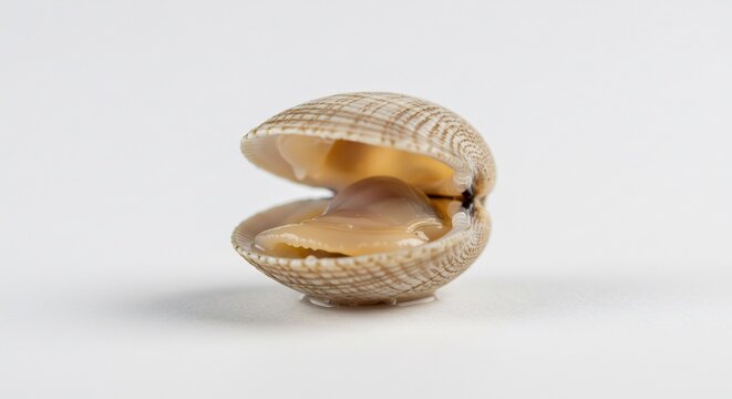 Open clam shell rests gently on white background subtly lit. AI Generated