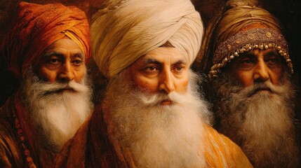 Portrait of Three Sikh Elders: A Masterpiece of Religious Art