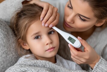 A hand taking the temperature of an unwell girl with white bed sheets using a digital thermometer