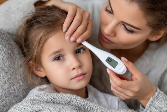 A hand taking the temperature of an unwell girl with white bed sheets using a digital thermometer