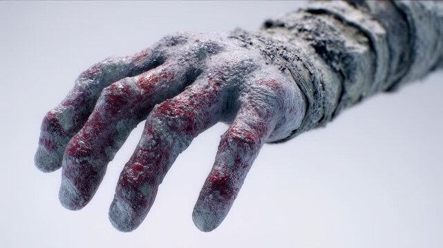 Medical illustration style footage of hand affected by severe frostbite highlighting tissue death zones.