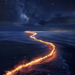 Night ocean fiery path, stars, galaxy, fantasy, travel, escape