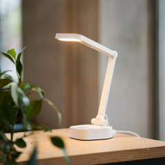 White Led Desk Lamp on Wooden Table with Soft Lighting