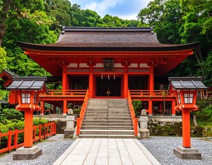 Japanese shrine in a lush forest