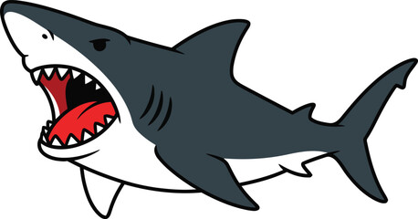 Fototapeta premium Cartoon shark clipart with its jaws open, displaying sharp teeth and a pink tongue.