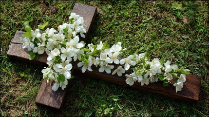 Wooden Cross Adorned with Delicate White Blossoms