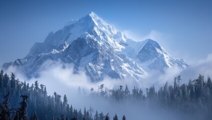 Snowy mountain peak, winter mist, forest, clear sky, travel poster