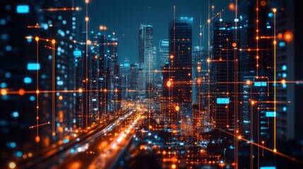 futuristic cityscape rendered with glowing orange data streams overlaid on modern buildings and flowing traffic lights creating a dynamic interplay of technology and urbanism