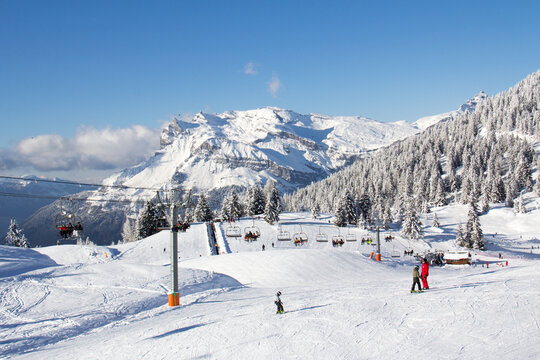 Ski slopes in the ski area des Houches Chamonix Mont-Blanc Haute-Savoie France