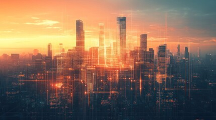 Fototapeta premium digital metropolis sunrise glow with interconnected network lines reflecting innovation and progress showcasing future of smart cities and technological connectivity landscape