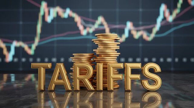 Golden tariffs text with stacked coins and stock market graph in the background on a reflective surface