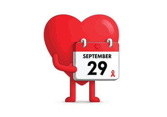 Cartoon heart character holding September 29 calendar for World Heart Day date