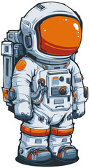 Obraz premium Astronaut standing in space, against starry backdrop, for kids' book illustration