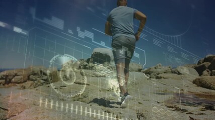 Male runner taking first strides uphill on rocky slope, tracking fitness with AR dials and charts - Powered by Adobe