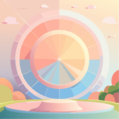 Obraz premium A stylized circular structure with pastel color segments sits on a platform in a serene, minimalist landscape.