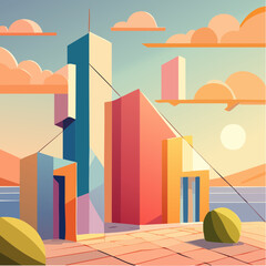 Fototapeta premium A vibrant geometric cityscape with abstract buildings under a warm, sunny sky.