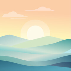A serene minimalist landscape illustration of a sunrise over rolling blue and green hills with a soft, warm sky and clouds.