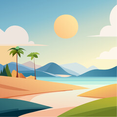 Fototapeta premium A serene tropical beach with palm trees and distant mountains under a bright sun.