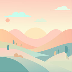 A serene minimalist landscape illustration of rolling hills in soft pastel colors at sunrise or sunset.