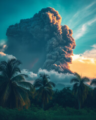 Volcanic Explosion with Dark Ash Plume Rising into Sky, Palm Trees and Tropical Vegetation at Golden Hour