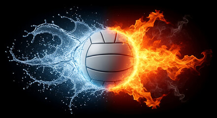 Volleyball with water and fire on a black background