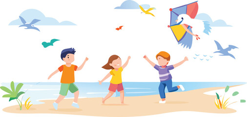 Children joyfully playing on the beach, flying colorful kites against a clear blue sky.