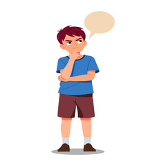 Vector cartoon boy thinking with speech bubble isolated on white background, thoughtful child illustration