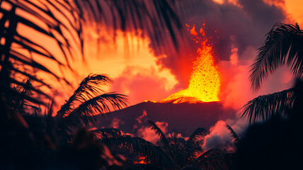 Close-Up View of Volcanic Eruption in Tropical Forest Framed by Palm Leaves