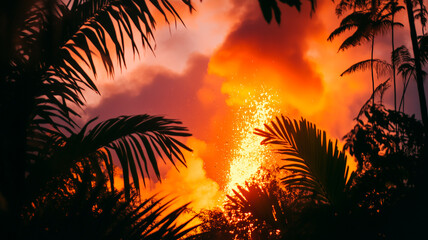 Volcano Eruption with Lava and Fire Seen Through Dense Tropical Palm Foliage