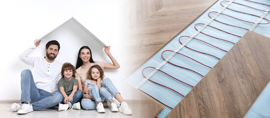 Underfloor heating system and happy family at home, double exposure. Banner design © New Africa