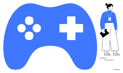 Blue gaming controller with button details next to a woman holding a clipboard, highlighting observation, research, or innovation. Ideal for gaming, technology, teamwork, industry analysis