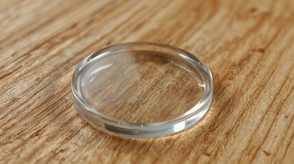 Photorealistic Glass Circle on Wooden Surface – Clear Beveled Design with Realistic Lighting, Refraction, and Warm Earthy Background in Ultra-High 8K Lucid Realism