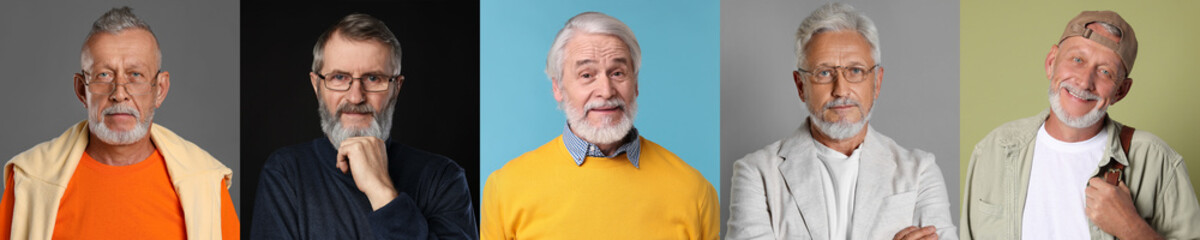 Grandpas posing on different colors backgrounds. Collage with portraits of senior men