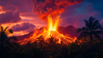 Erupting Volcano in Tropical Jungle at Sunset with Lava and Ash Plume