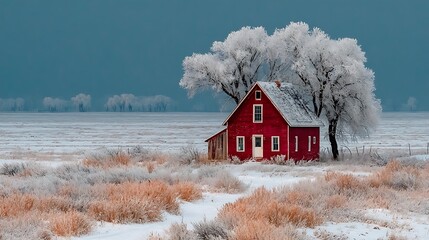 Iconic red farmhouse nestled amidst a serene winter landscape with frosted trees and vast snowy fields under a moody blue sky